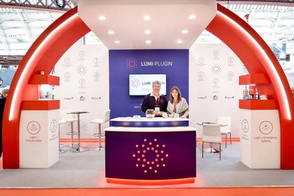 bespoke desk and branding for fair