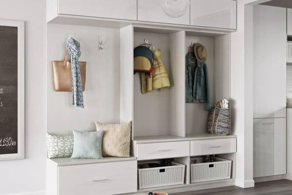open wardrobe with storage baskets