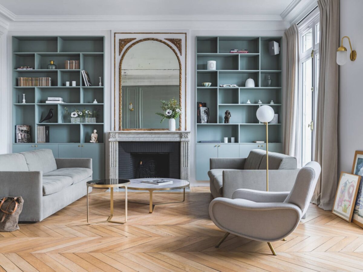 staggered shelves around chimney breast